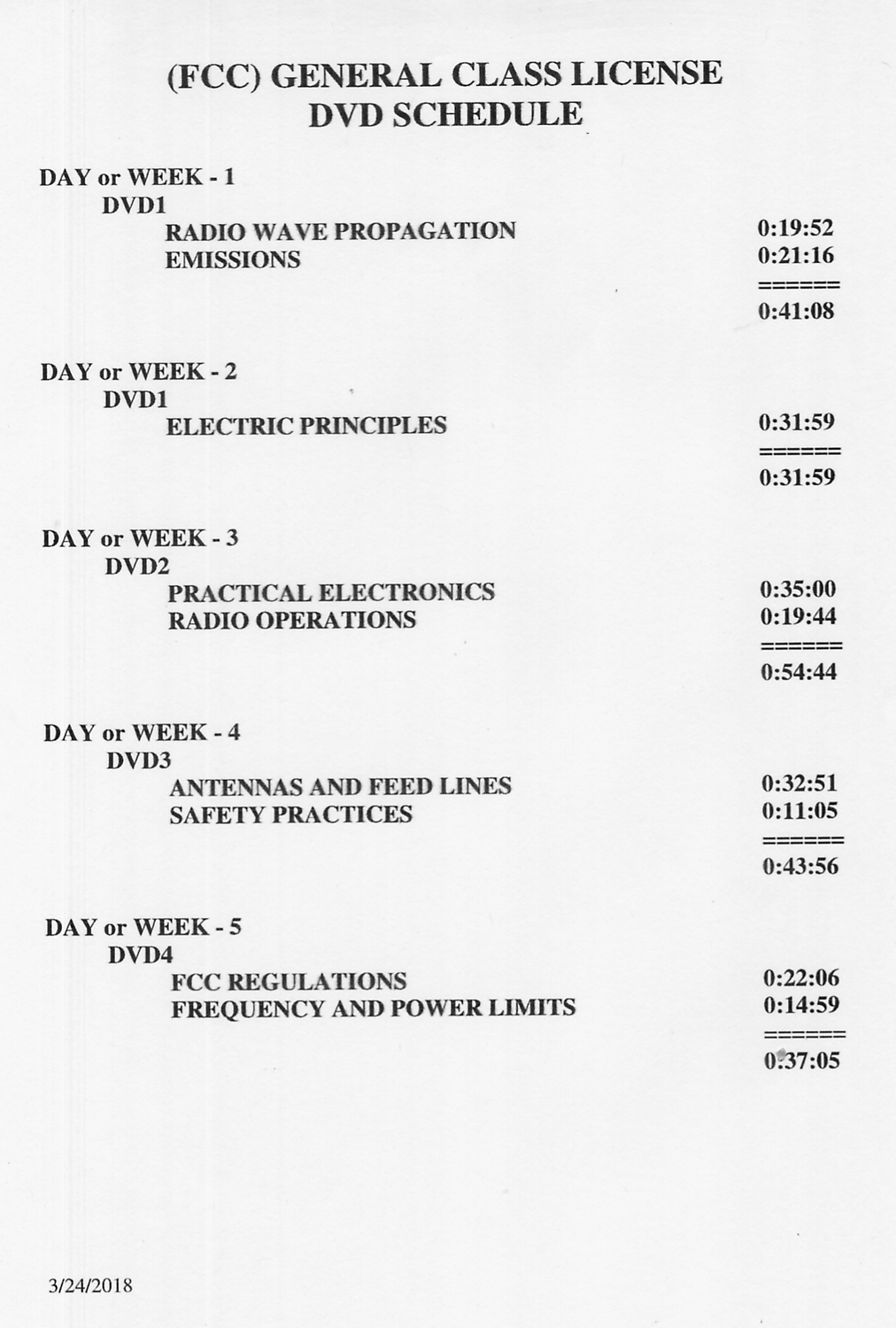 General Class License DVD Schedule
